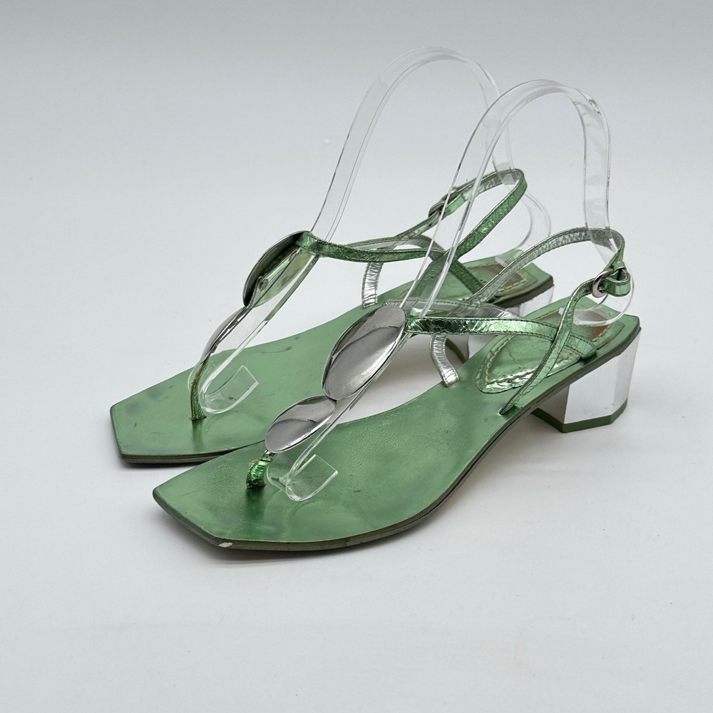 Y2K BRONX Heels Metallic Green Silvertone Jeweltone Euro Mirror Heel US 5.5-6